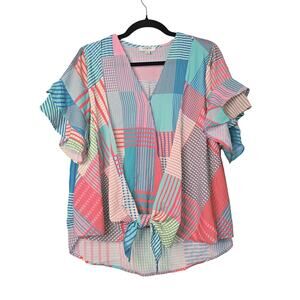 Umgee Top Womens Medium Multicolor Patchwork Tie Front Ruffle Sleeve Boho Blouse